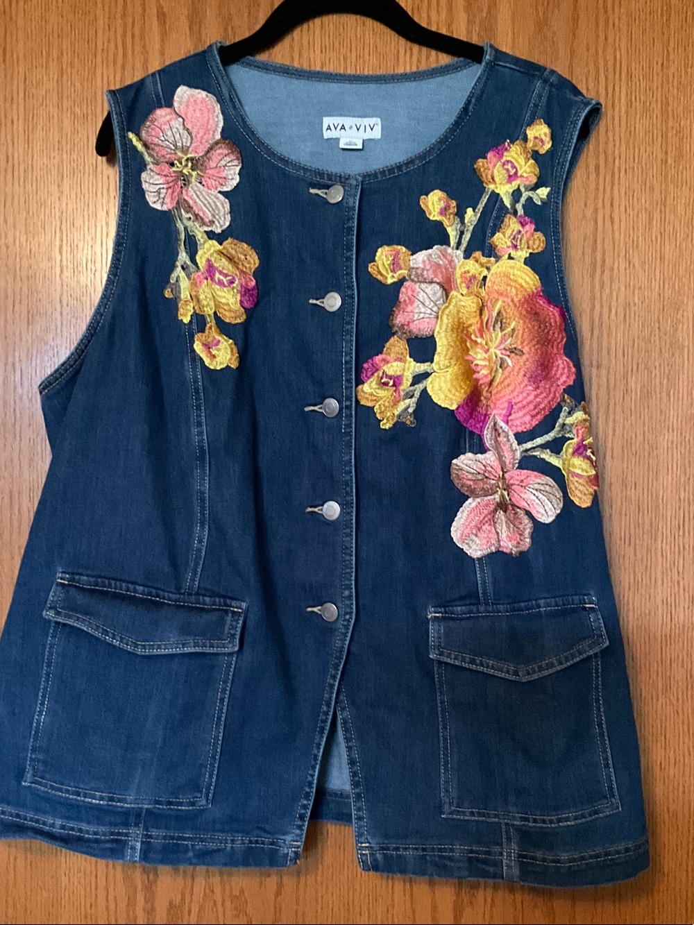 Ava & Viv Dark Blue Denim Vest with Pink & Yellow Floral Appliqué